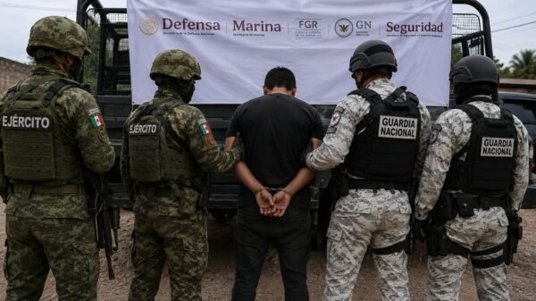 Logotipo de la Fiscalía General de la República junto a mapa de Michoacán y siluetas de operativos policiales