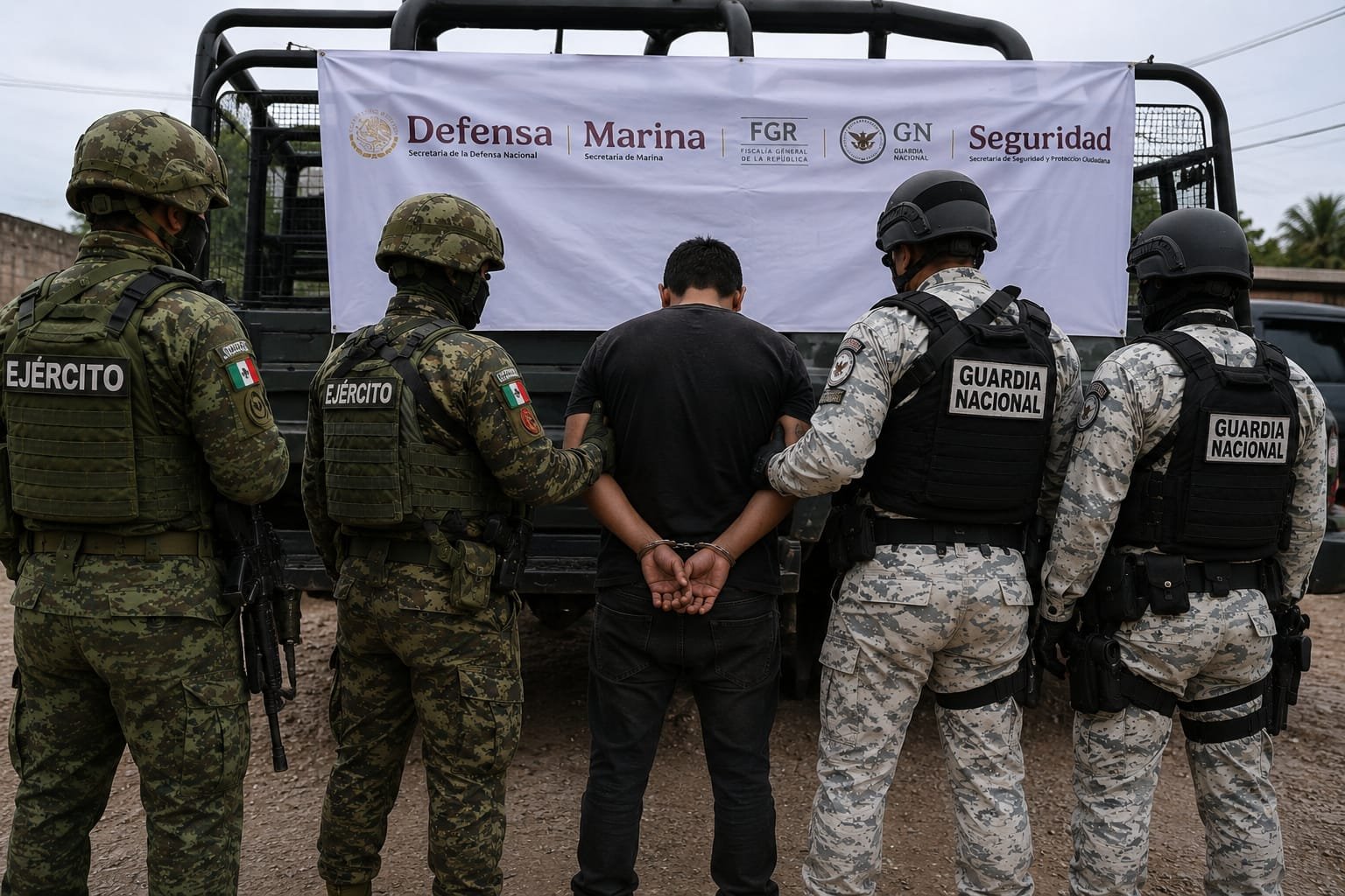 Logotipo de la Fiscalía General de la República junto a mapa de Michoacán y siluetas de operativos policiales