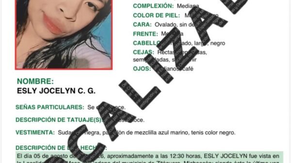 Logotipo oficial de la Fiscalía General del Estado de Michoacán junto a una ilustración simbólica de una adolescente sana y salva en Zitácuaro