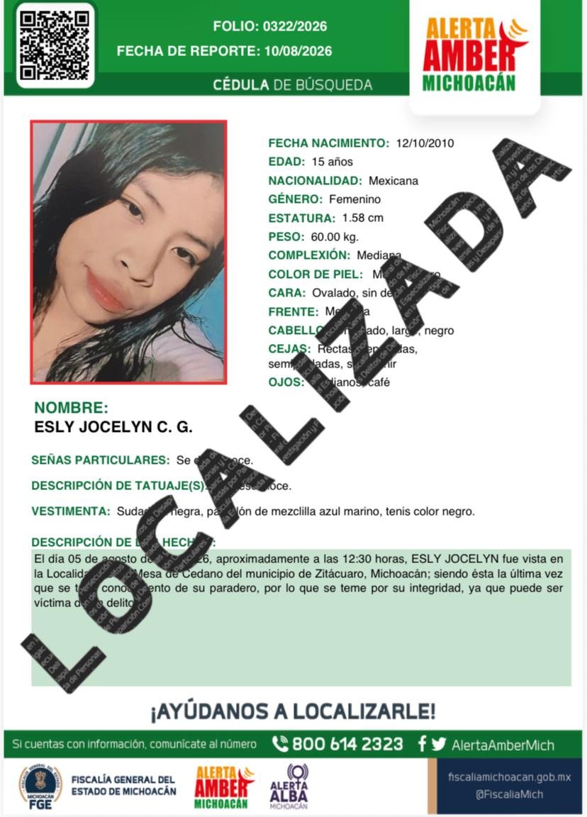 Logotipo oficial de la Fiscalía General del Estado de Michoacán junto a una ilustración simbólica de una adolescente sana y salva en Zitácuaro
