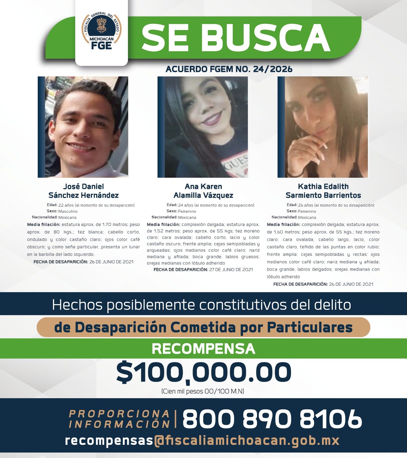 Logotipo oficial de la Fiscalía General del Estado de Michoacán junto al texto 'Recompensa de 100 mil pesos por información sobre desaparecidos'