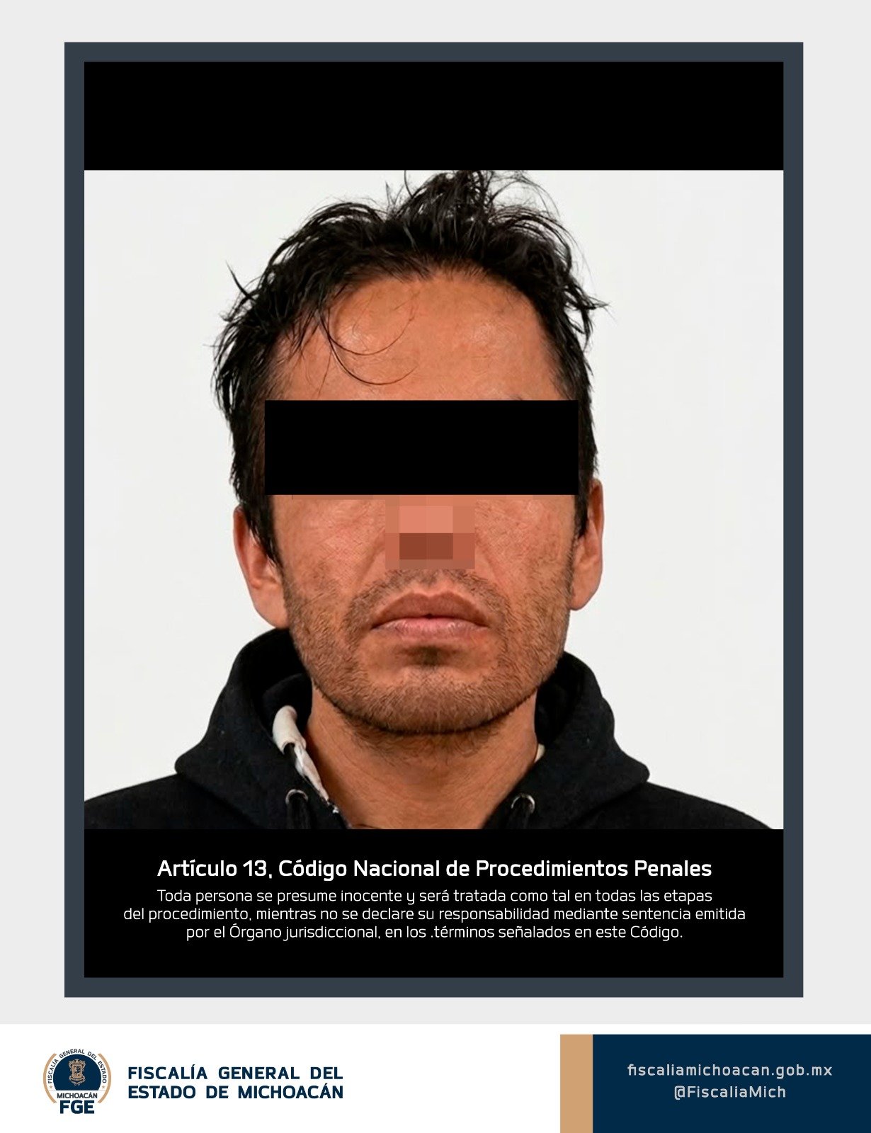 Foto oficial de Miguel “N” compartida por la Fiscalía Michoacán