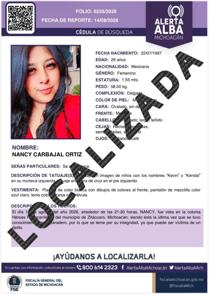 Logotipo oficial de la Fiscalía General del Estado de Michoacán junto a una imagen simbólica de una cédula de búsqueda y un mapa localizado en Zitácuaro