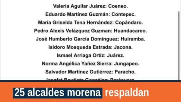 Ilustración simbólica de 25 alcaldes morena respaldan a Carlos Torres Piña frente a un escenario institucional neutro