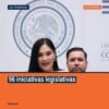 Fotografía institucional de cinco diputados del PT frente al Congreso del Estado en Morelia, con cartel que indica '96