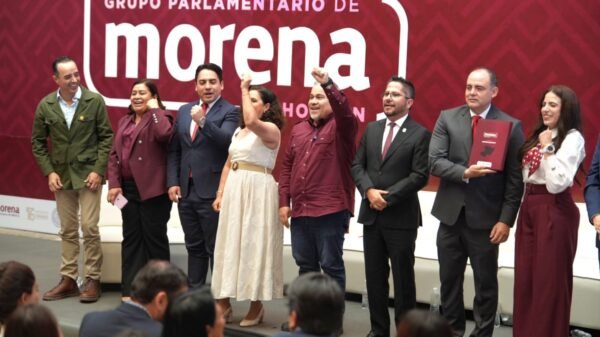 Retrato formal de la diputada Belinda Iturbide Díaz, legisladora morenista del Congreso de Michoacán, frente a un fondo con los colores de la bandera estatal.