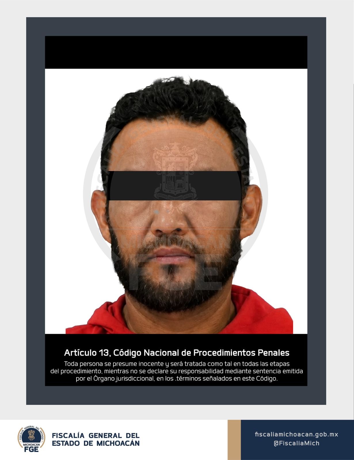 Logotipo oficial de la Fiscalía General del Estado de Michoacán junto a un fondo sobrio con los textos 'FGE vincula a Omar Jorge' y 'Secuestro agravado en Uruapan'