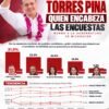 Carlos Torres Piña michoacán hablando ante micrófonos, fondo con logotipo de Morena y bandera de Michoacán, gráfico de