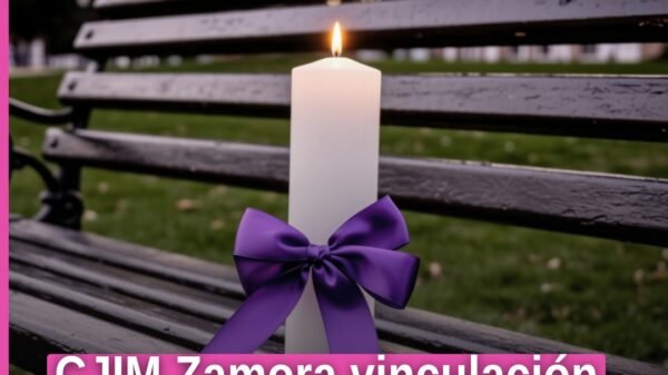 Ilustración simbólica de balanza de justicia con logo del CJIM Zamora y leyenda 'CJIM Zamora vinculación'