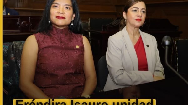Fotografía de la diputada Eréndira Isauro Hernández hablando en el pleno del Congreso de Michoacán, con bandera estatal al