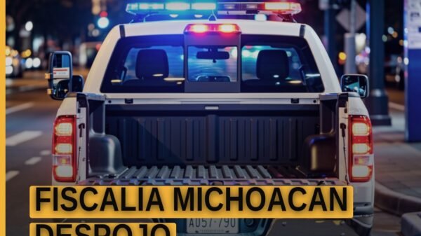 Fiscalía Michoacán despojo: representación simbólica de una vivienda en Sahuayo con sello oficial de la FGE y una balanza de
