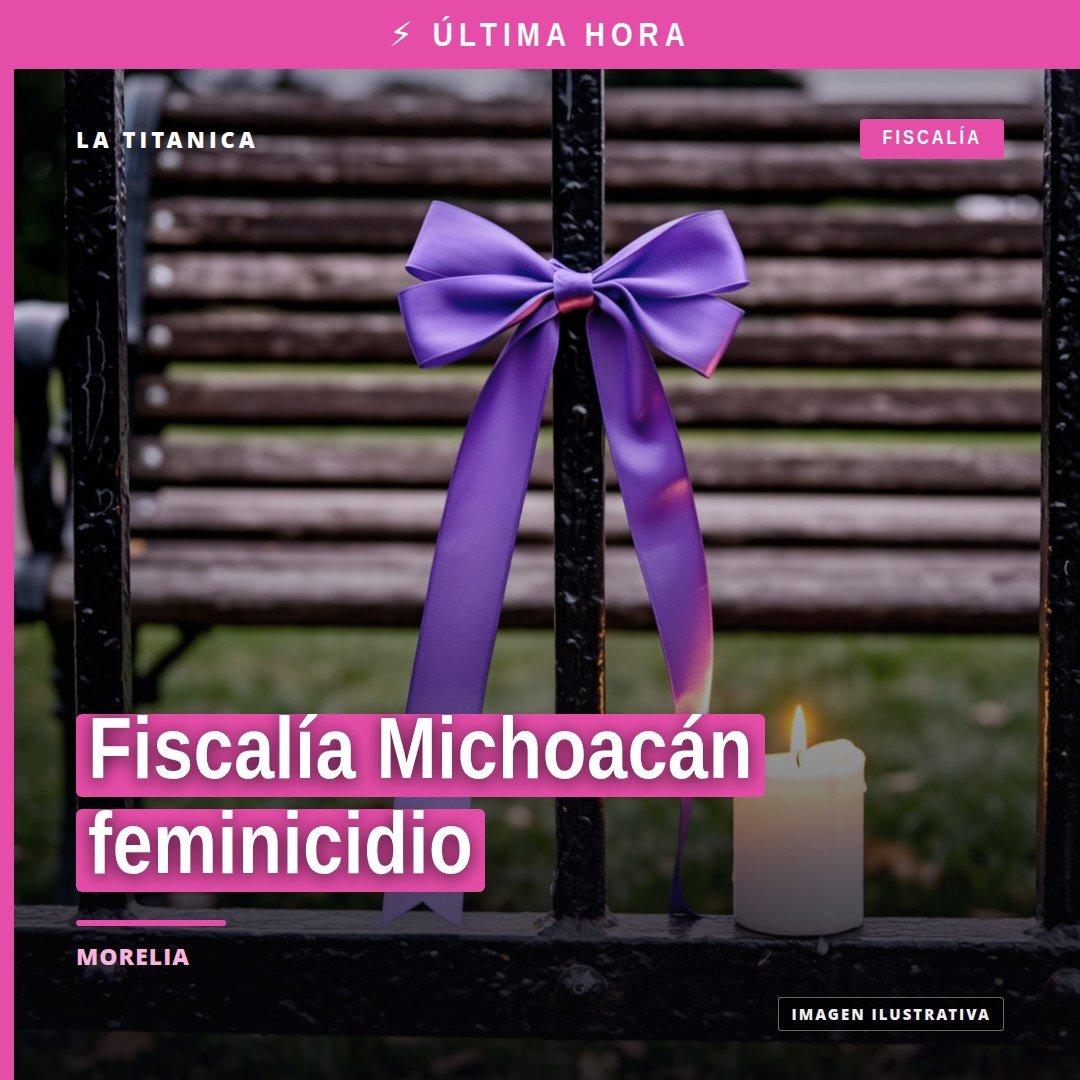 Fiscalía Michoacán feminicidio: representación simbólica de justicia con escudo de Michoacán y balanza sobre fondo azul