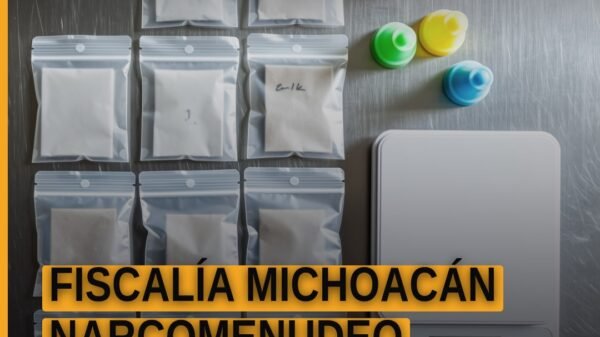 Fiscalía michoacán narcomenudeo: logotipo de la FGE junto a elementos simbólicos de justicia y seguridad en Morelia