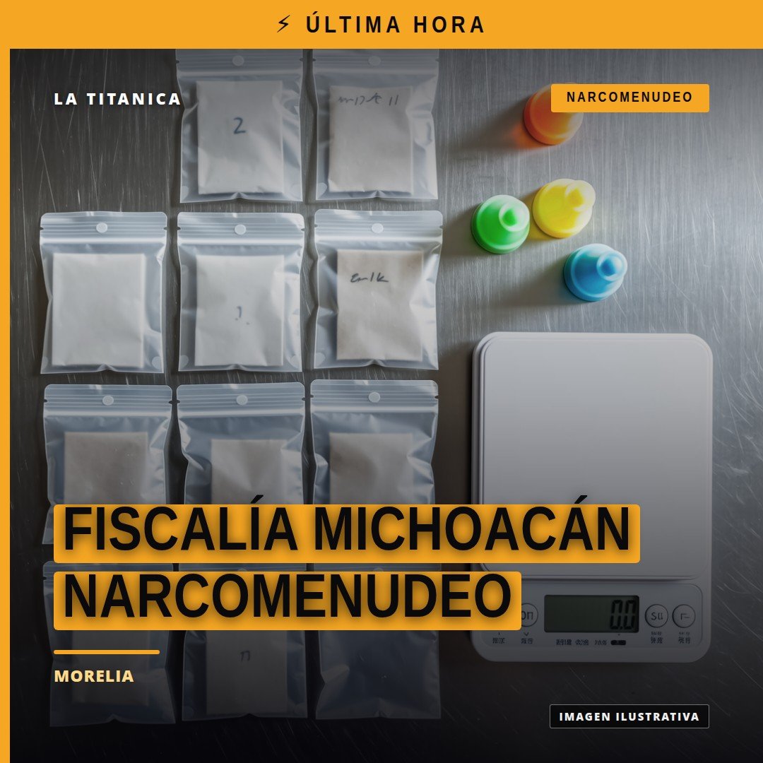 Fiscalía michoacán narcomenudeo: logotipo de la FGE junto a elementos simbólicos de justicia y seguridad en Morelia