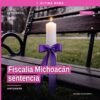 Fiscalía Michoacán sentencia: ilustración simbólica de balanza de justicia y escudo institucional en Apatzingán