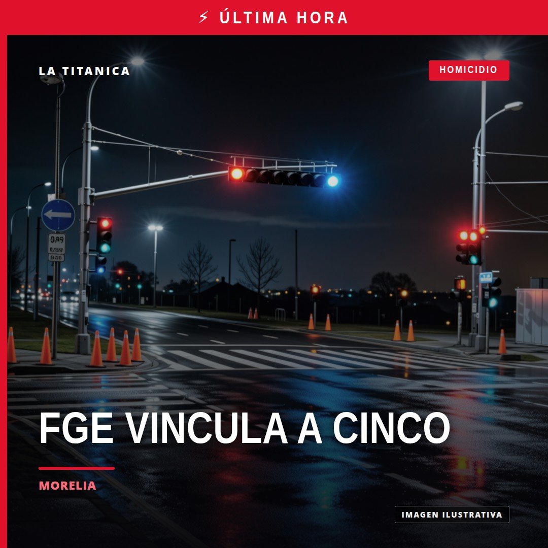 Fiscalía Michoacán vinculación: representación simbólica de cinco personas frente a un edificio institucional con logos