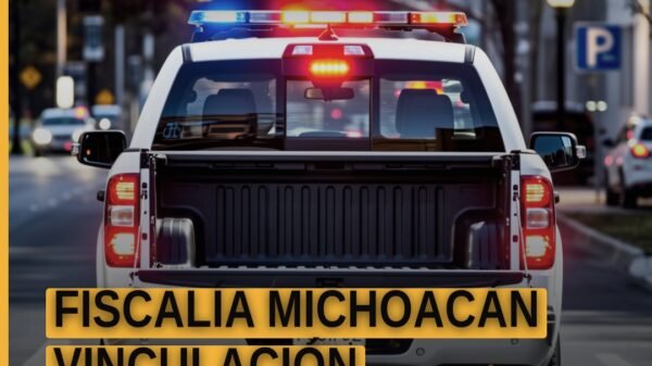 Fiscalía michoacán vinculación: representación simbólica de una balanza de justicia con logo de la FGE y mapas de Acuitzio y