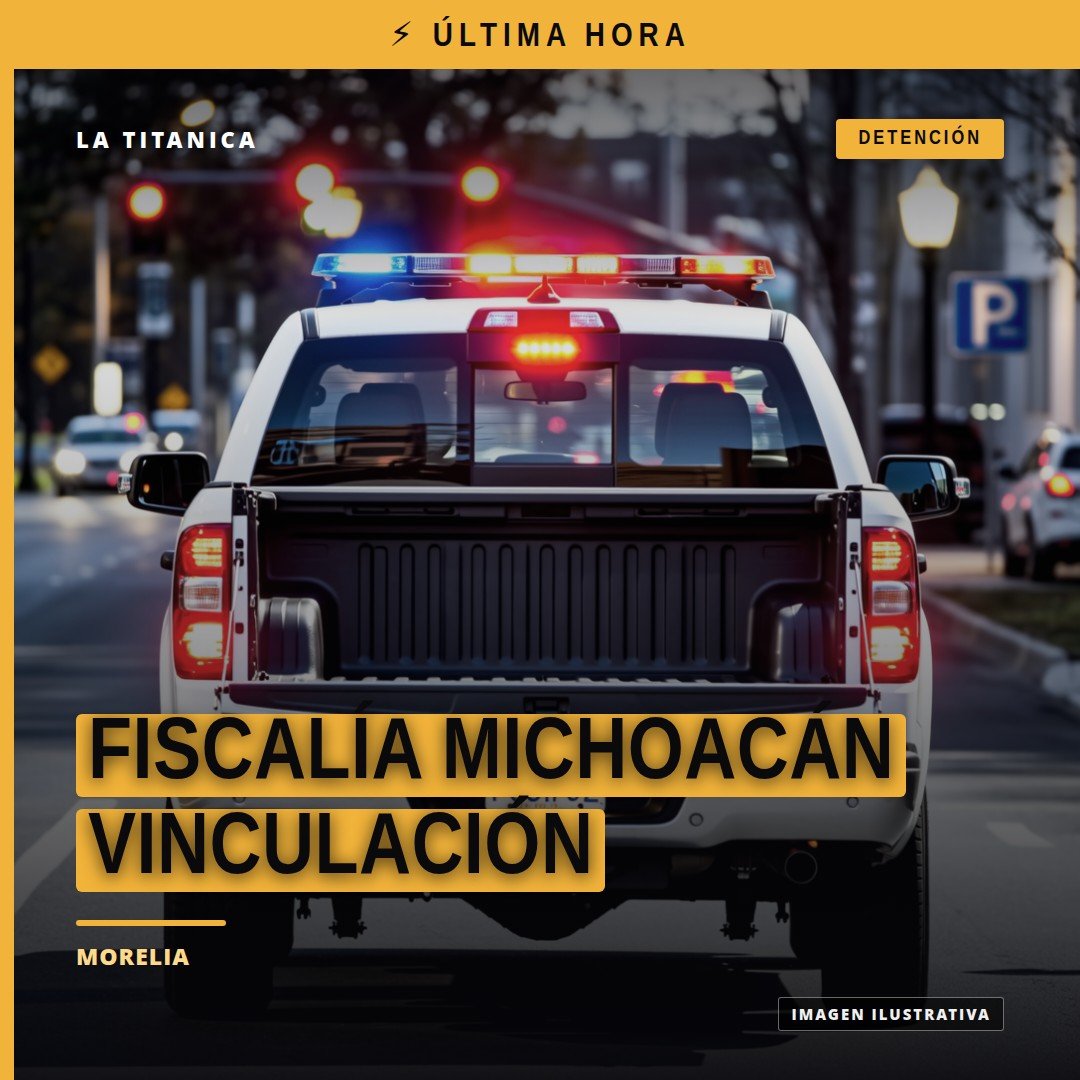 Fiscalía michoacán vinculación: representación simbólica de una balanza de justicia con logo de la FGE y mapas de Acuitzio y