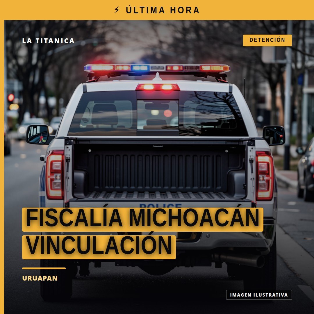 Ilustración simbólica de una balanza de justicia y el escudo de la Fiscalía General del Estado de Michoacán, con fondo que