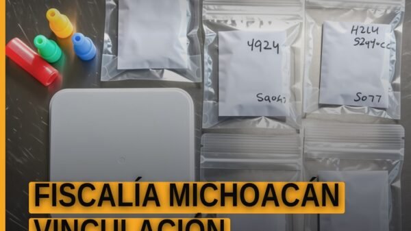Fiscalía Michoacán vinculación: representación simbólica de un juzgado y documentos oficiales con logo de la FGE en Morelia