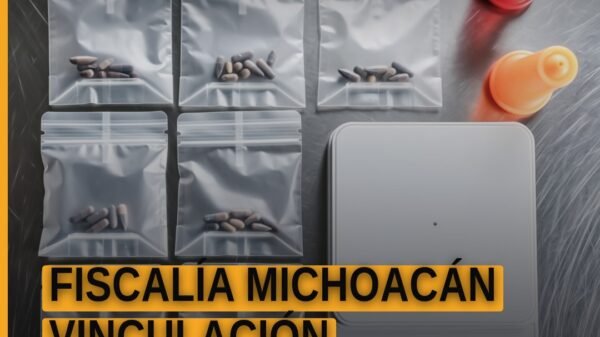 Fiscalía michoacán vinculación: ilustración simbólica de una balanza de justicia y el escudo de Michoacán sobre fondo azul