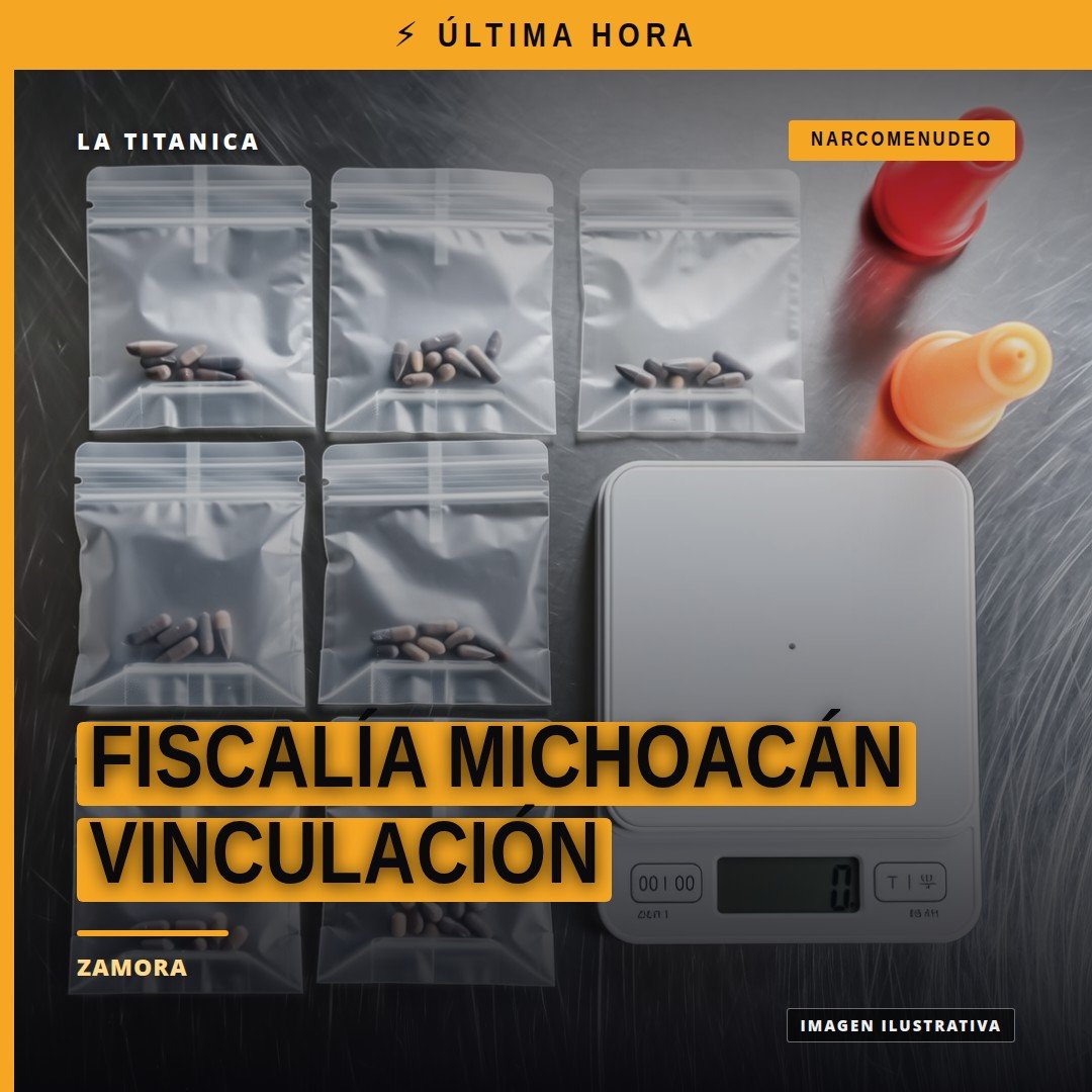 Fiscalía michoacán vinculación: ilustración simbólica de una balanza de justicia y el escudo de Michoacán sobre fondo azul
