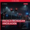 Fiscalía michoacán vinculación: ilustración simbólica de balanza de justicia y sello oficial de la FGE sobre fondo azul