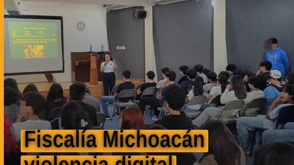 Fiscalía michoacán violencia digital: personal de la FGE hablando ante 80 estudiantes de preparatoria en el auditorio de la