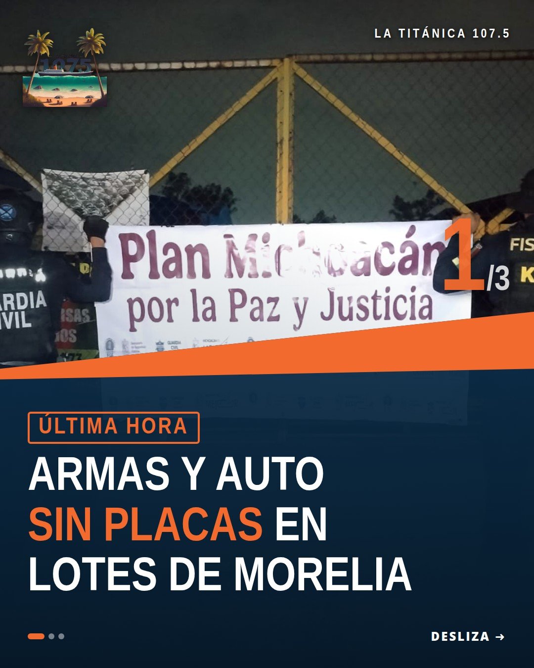 Fotografía institucional genérica de dos lotes de venta de vehículos en Morelia, con presencia de elementos de la FGE y la