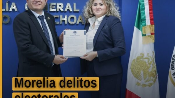 Fotografía institucional de la Fiscalía General del Estado de Michoacán en Morelia, con enfoque en símbolos de justicia y el