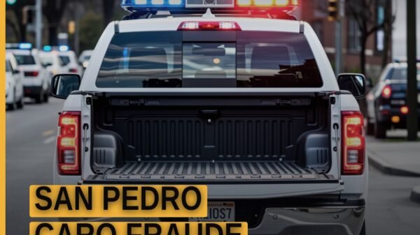 Ilustración simbólica de un fraccionamiento sin construir en San Pedro Caro, con documentos de fraude y sello judicial — san