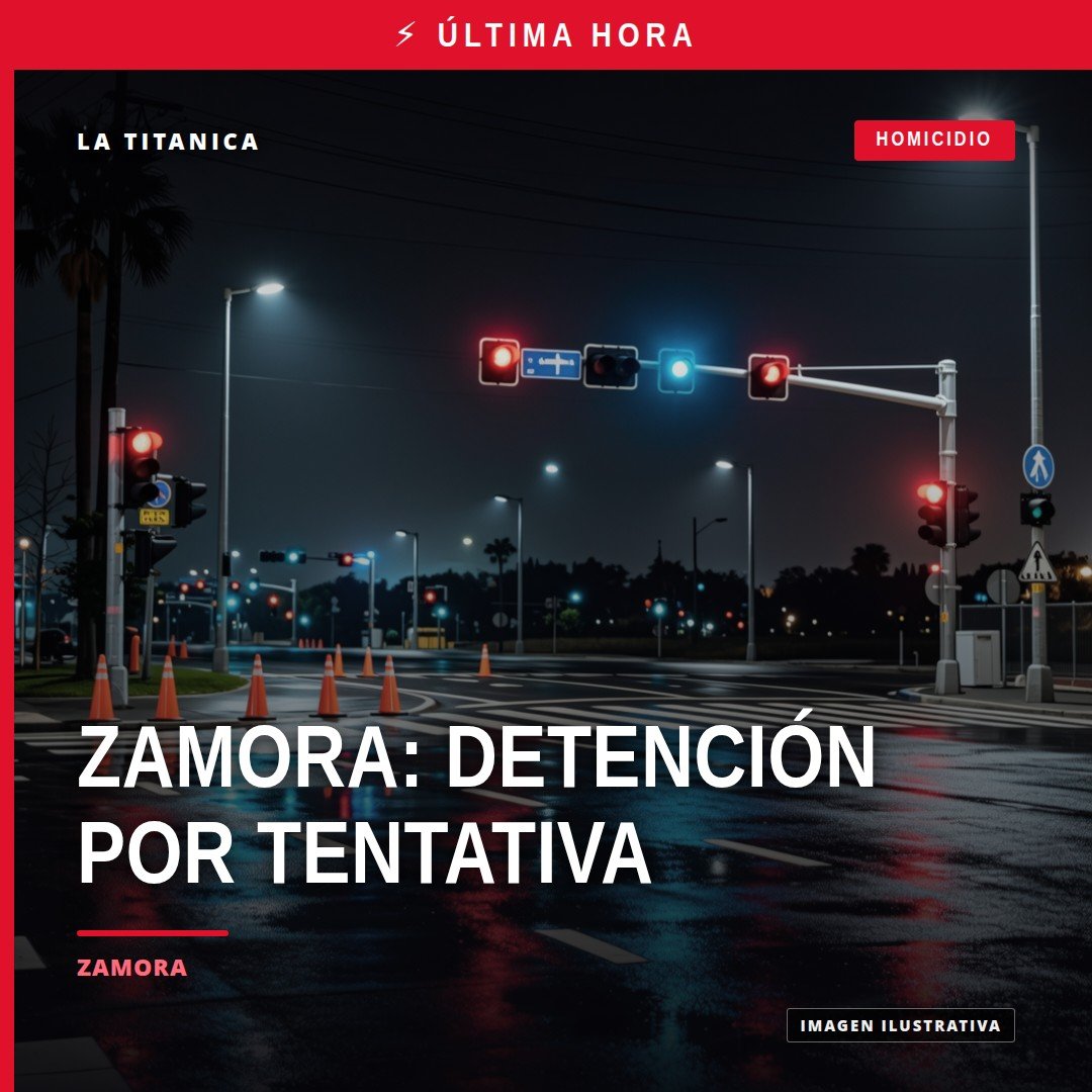 Ilustración simbólica de una balanza y un arma de fuego junto al nombre 'Zamora' y la frase 'homicidio calificado tentativa'