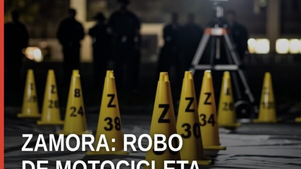 Ilustración sobria de una motocicleta estacionada en una calle residencial de Zamora, Michoacán, relacionada con el robo de