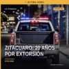 Ilustración sobria de una tienda de abarrotes en Zitácuaro con sello judicial, representando el caso de extorsión zitácuaro