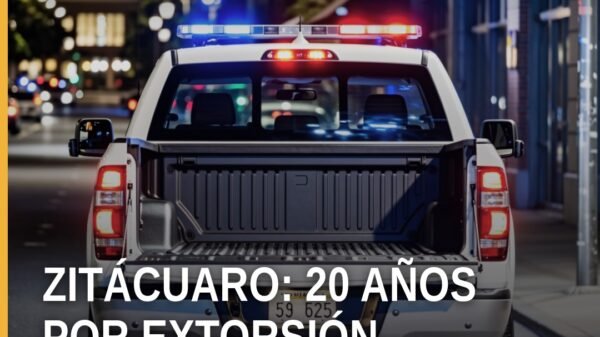 Ilustración sobria de una tienda de abarrotes en Zitácuaro con sello judicial, representando el caso de extorsión zitácuaro