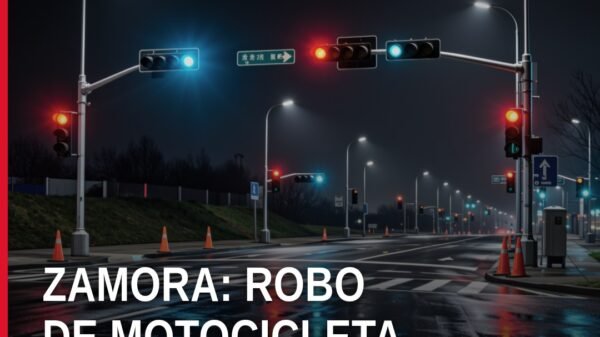 Ilustración sobria de una motocicleta estacionada en una calle residencial de Zamora, con señalización discreta de 'colonia