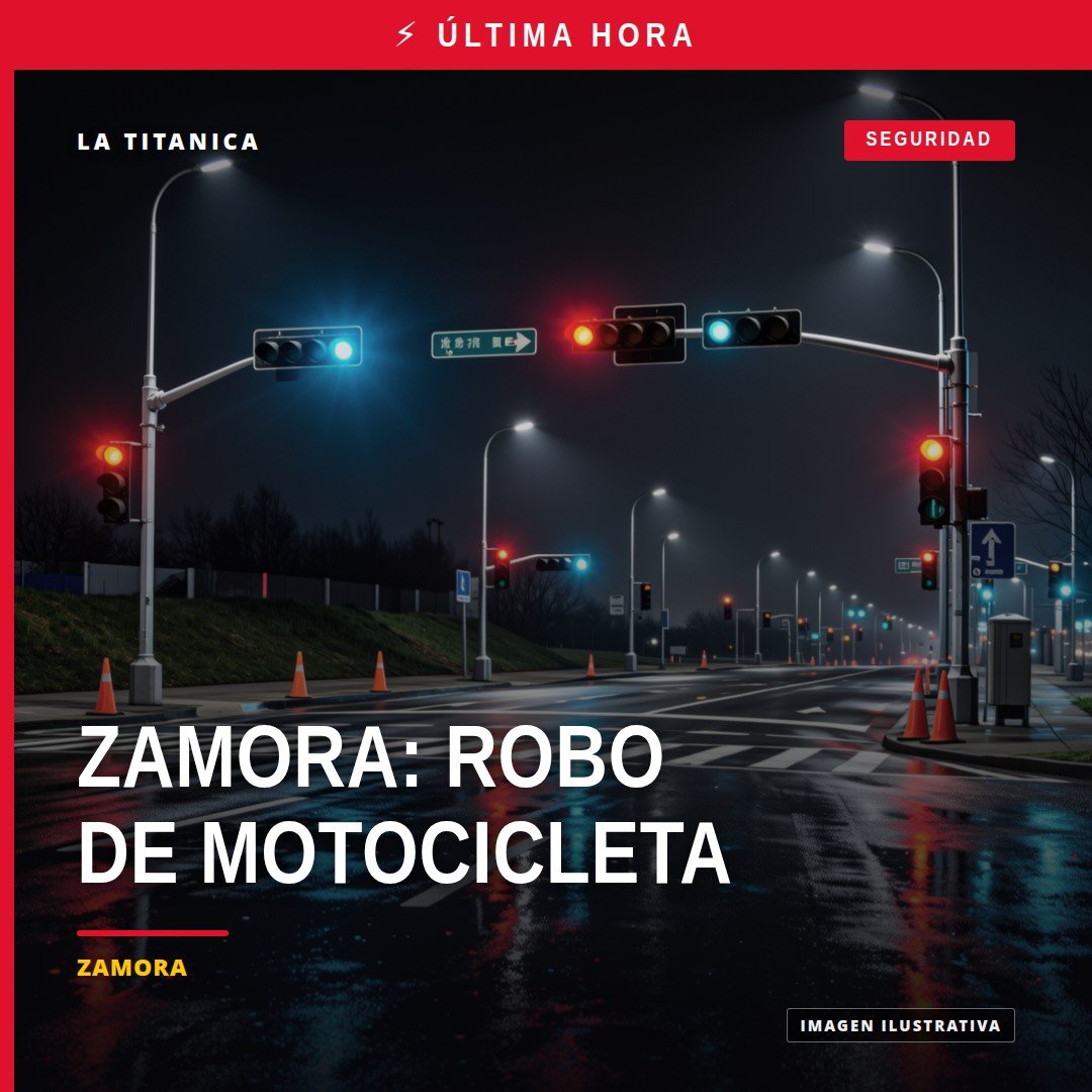 Ilustración sobria de una motocicleta estacionada en una calle residencial de Zamora, con señalización discreta de 'colonia