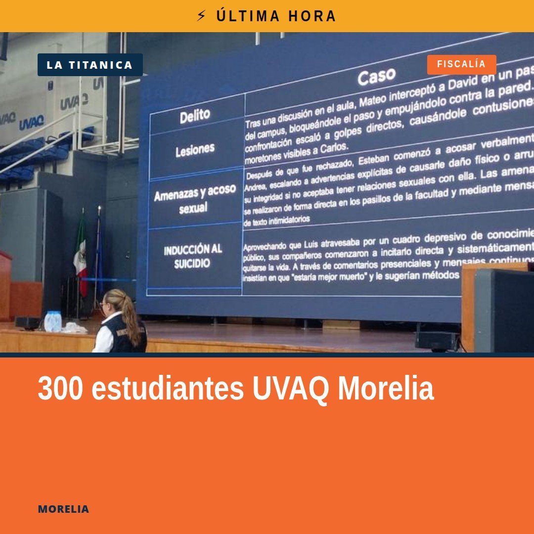 Grupo de estudiantes universitarios en aula de la UVAQ en Morelia durante plática sobre acoso escolar y acoso sexual
