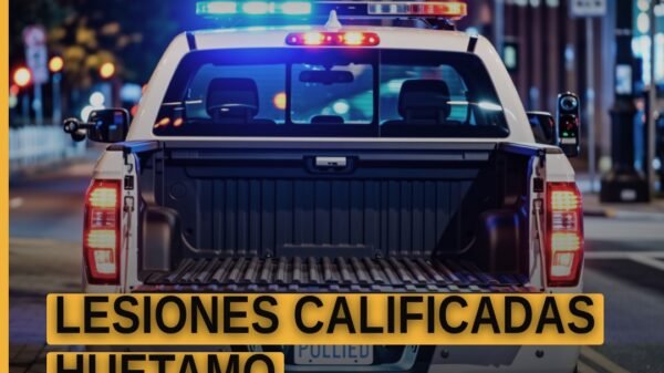 Ilustración sobria de balanza y edificio de justicia con leyenda 'lesiones calificadas huetamo'