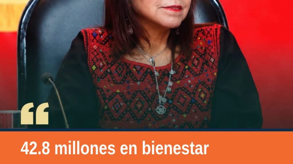 Gráfica con la cifra 42.8 millones y la frase 'programa para el bienestar' en contexto nacional