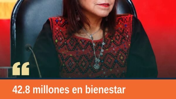 Gráfica con la cifra 42.8 millones y la frase 'programa para el bienestar' en contexto nacional
