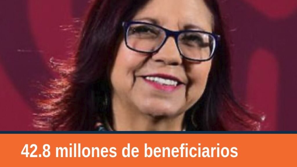 Gráfico estadístico mostrando 42.8 millones de beneficiarios de los programas para el bienestar en México