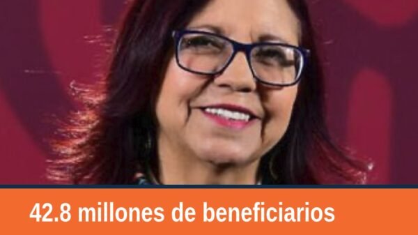 Gráfico estadístico mostrando 42.8 millones de beneficiarios de los programas para el bienestar en México