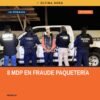 Imagen ilustrativa de un centro logístico y paquetes, con texto superpuesto: 'fraude en paquetería 8 millones 481 mil pesos'