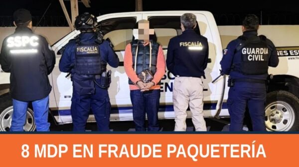 Imagen ilustrativa de un centro logístico y paquetes, con texto superpuesto: 'fraude en paquetería 8 millones 481 mil pesos'