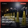 Ilustración sobria de balanza de justicia con fondo que evoca Uruapan; representa secuestro agravado uruapan