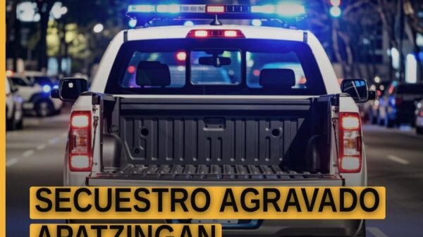 Ilustración sobria de edificio municipal en Apatzingán con texto sobre secuestro agravado apatzingán