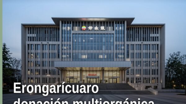 Imagen simbólica de donación multiorgánica erongarícuaro: representación sobria de órganos y tejidos con sello institucional
