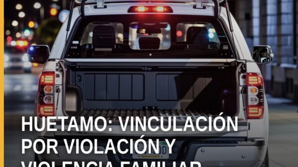 Ilustración sobria de balanza y silueta de edificio judicial en Huetamo, representando la vinculación a proceso por huetamo
