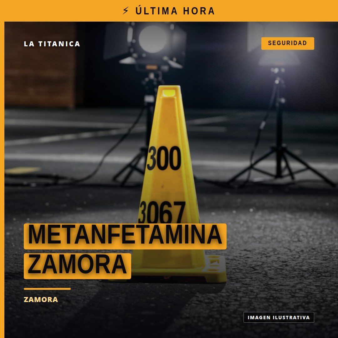 Imagen representativa de balanza judicial y paquetes de sustancia sintética con etiquetas de 'metanfetamina zamora' en